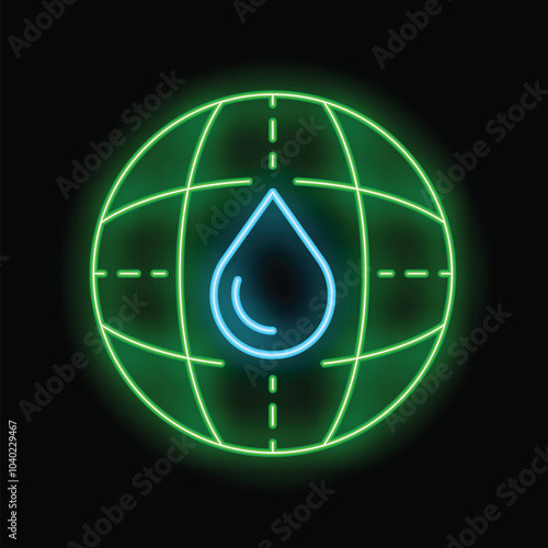 Glowing neon icon of a water drop over a globe, representing the global water shortage