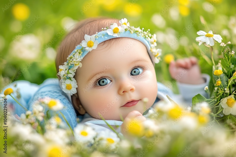 A baby lying down surrounded by colorful flowers A baby lying down surrounded by colorful flowers