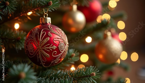  Joyous Christmas tree adorned with festive ornaments and twinkling lights