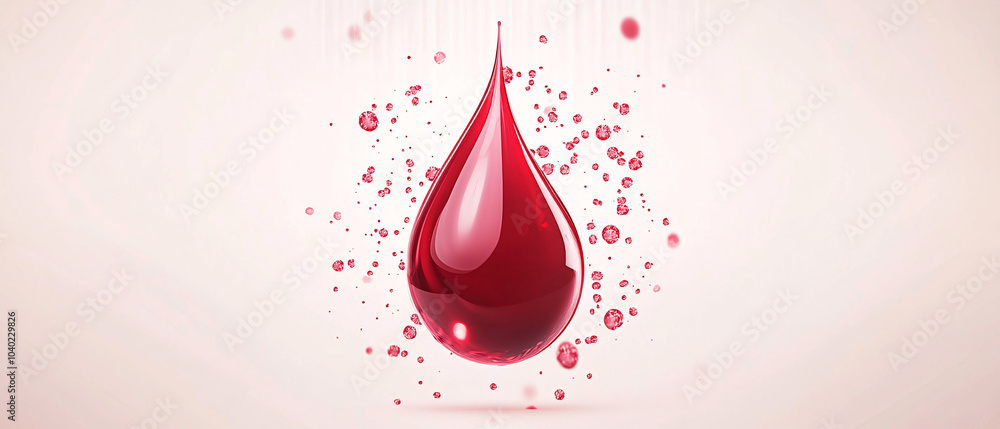 Fototapeta premium Single Red Blood Drop Falling with Smaller Drops Around It