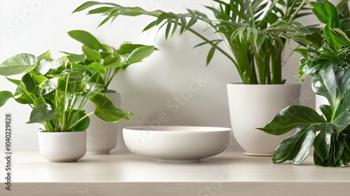 A serene arrangement of green plants in plain pots on a minimalist shelf, showcasing nature's beauty indoors.