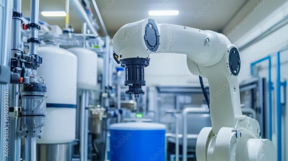 A robot performing automated water purification in a modern water treatment facility with clean, organized purification stations and advanced water processing systems, Water purification tech style A robot performing automated water purification in a modern water treatment facility with clean, organized purification stations and advanced water processing systems, Water purification tech style