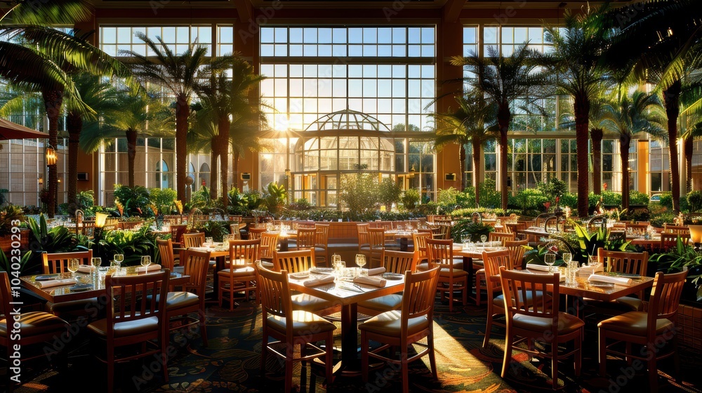 Fototapeta premium A beautiful sunlit restaurant interior with lush green plants and elegant wooden furniture, creating an inviting atmosphere for diners