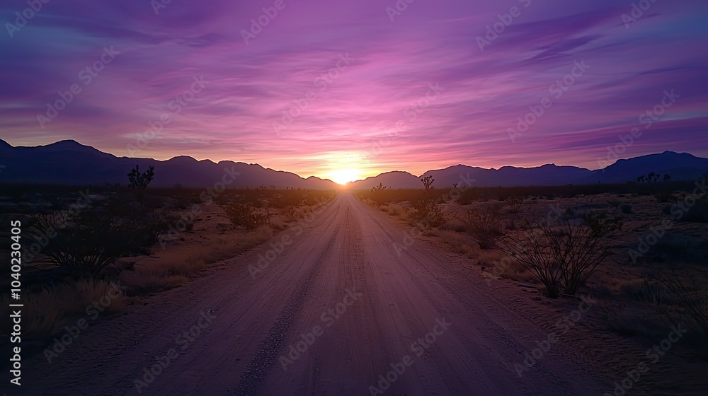 Fototapeta premium A serene desert road leads into a stunning sunset, with vibrant hues of purple and gold illuminating the sky over mountains.