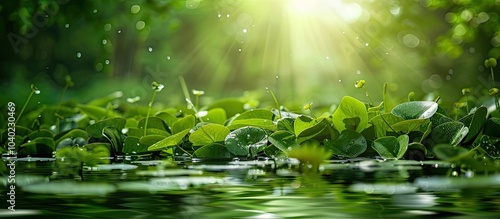 Aquatic plants emerging above the lake water creating a scenic view with abundant greenery and serene surroundings ideal for a copy space image