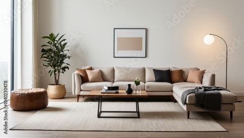 Wallpaper Mural A minimalist living room with a beige sofa, blue and gray pillows, a cozy armchair, coffee table, potted plant, elegant floor lamp, and neutral accents. Torontodigital.ca