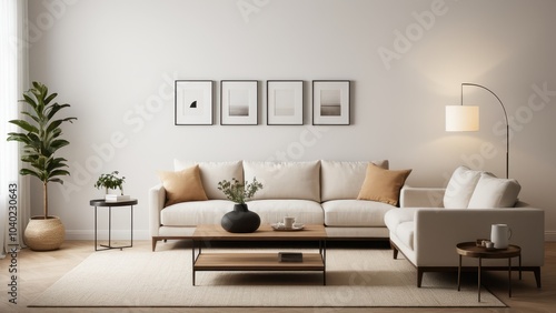 A minimalist living room with a beige sofa, blue and gray pillows, a cozy armchair, coffee table, potted plant, elegant floor lamp, and neutral accents.