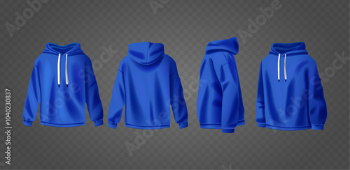 Blue Hoodie Mockup Showing Front Back And Side Views Of Casual Sportswear Ideal For Design Presentation And Marketing