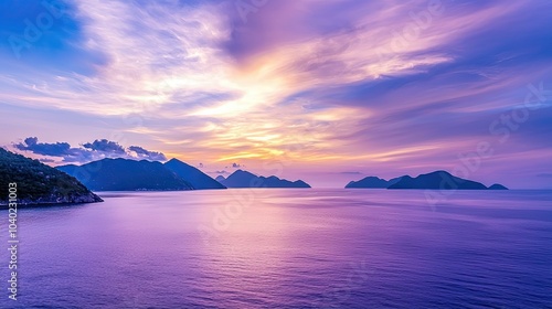 Wallpaper Mural A stunning sunset casts vibrant hues over serene waters, mountains silhouette the horizon, creating a tranquil and picturesque landscape. Torontodigital.ca