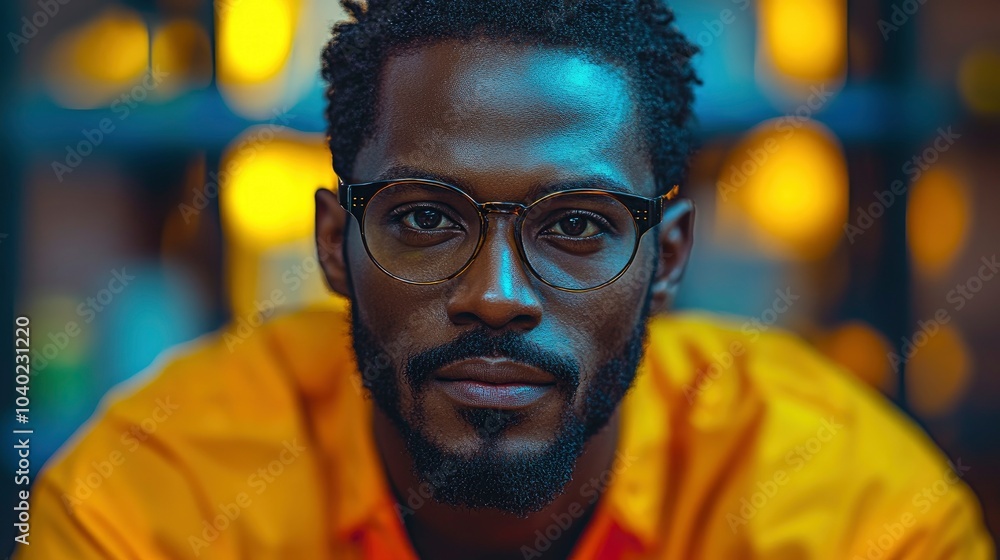 A close-up portrait of a man with glasses and a serious expression A close-up portrait of a man with glasses and a serious expression