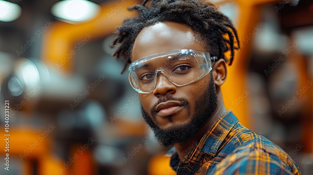 Thoughtful man wearing safety glasses in a workshop setting Thoughtful man wearing safety glasses in a workshop setting