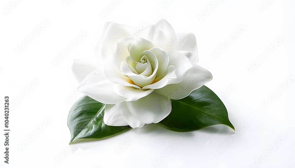 Single White Gardenia with Glossy Green Leaves on White Background Single White Gardenia with Glossy Green Leaves on White Background