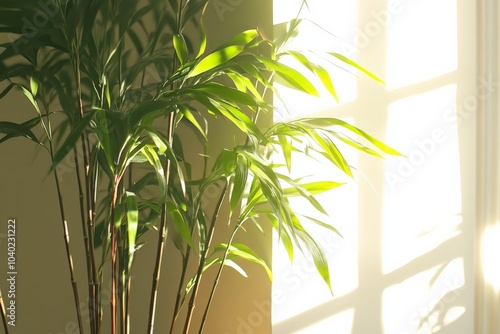 Bright bamboo leaves create elegant shadows on a sun-drenched wall, embodying a sense of peace and natural harmony within a minimalist interior environment.