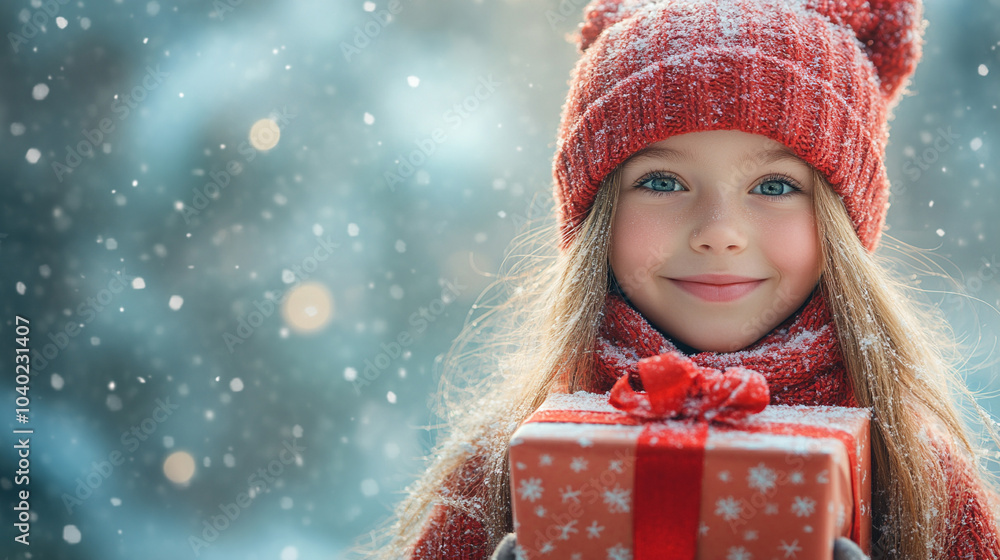 Beautiful Happy Girl with Christmas Gift against the winter landscape Beautiful Happy Girl with Christmas Gift against the winter landscape
