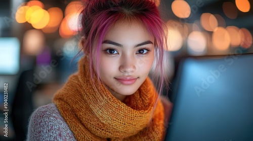 Wallpaper Mural Young woman with pink hair smiling while using a laptop Torontodigital.ca