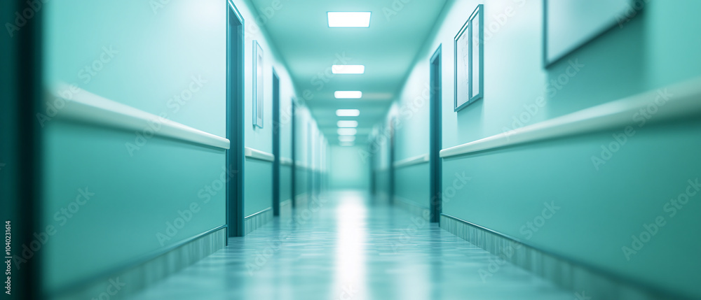 Obraz premium Empty Hospital Corridor With Doors And Lights