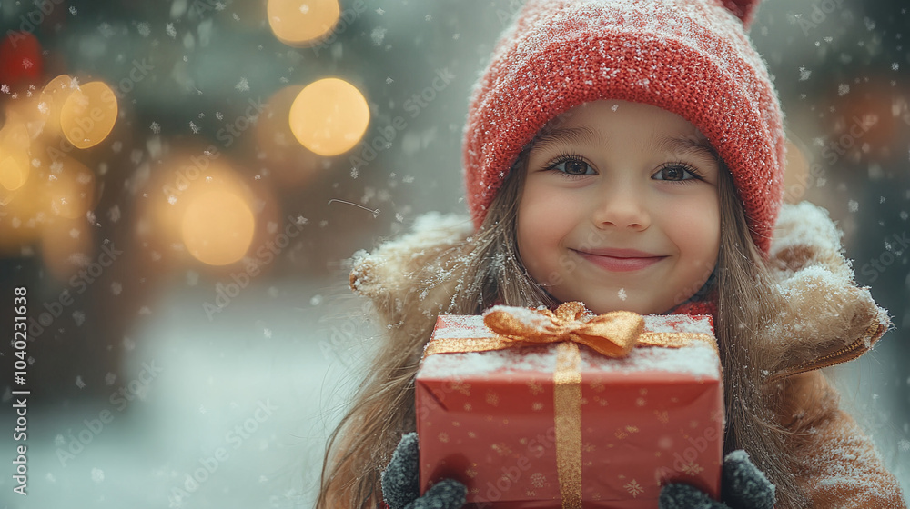 Beautiful Happy Girl with Christmas Gift against the winter landscape