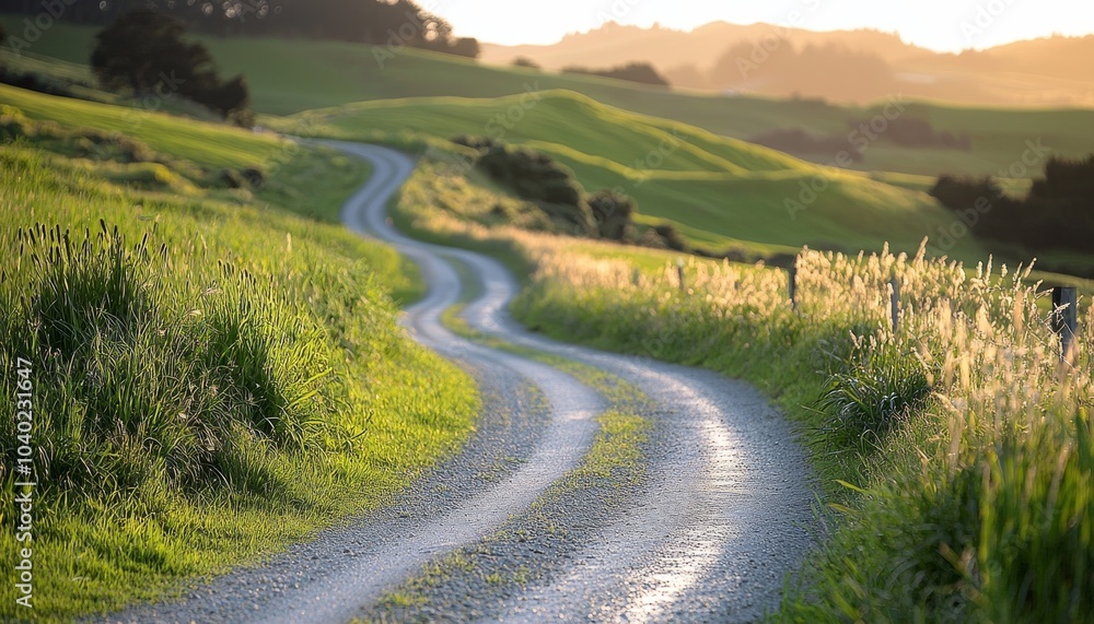A scenic dirt road winds through lush green fields under a golden sunset, evoking tranquility and a sense of adventure in nature. A scenic dirt road winds through lush green fields under a golden sunset, evoking tranquility and a sense of adventure in nature.