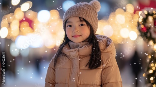 Wallpaper Mural A young girl stands smiling, dressed warmly in a beige jacket and a knitted hat, surrounded by twinkling holiday lights and soft snowflakes in a bustling winter street scene. Torontodigital.ca