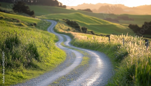 A scenic dirt road winds through lush green fields under a golden sunset, evoking tranquility and a sense of adventure in nature.