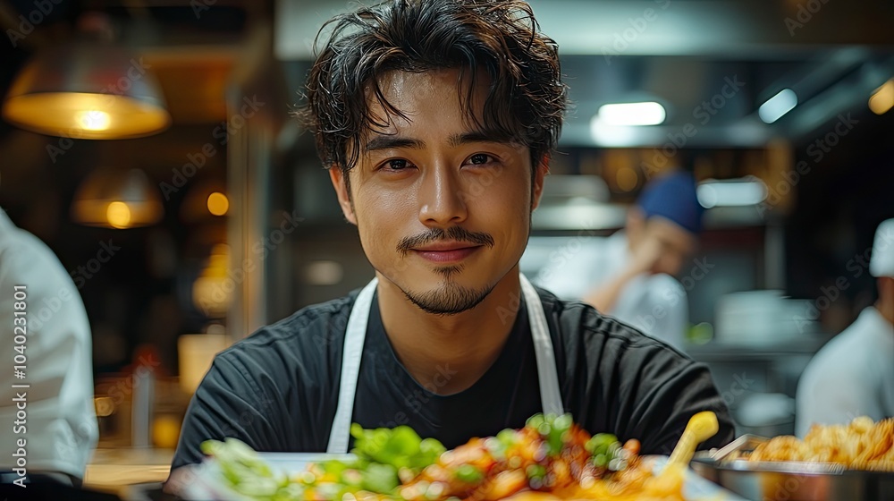 Smiling chef presenting delicious meal in busy kitchen environment Smiling chef presenting delicious meal in busy kitchen environment