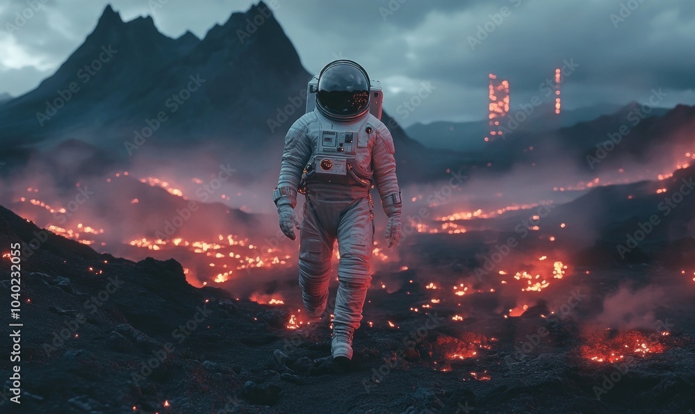 Astronaut Exploring Volcanic Alien Landscape at Dusk Astronaut Exploring Volcanic Alien Landscape at Dusk