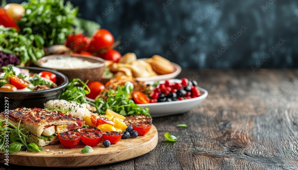 A vibrant spread of fresh vegetables and cooked dishes, showcasing colorful salads, tomatoes, and various side items on rustic wooden surfaces. A vibrant spread of fresh vegetables and cooked dishes, showcasing colorful salads, tomatoes, and various side items on rustic wooden surfaces.