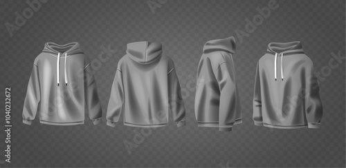 Gray Hoodie Mockup Showcasing Front Back And Side View Ideal For Fashion Design Concept And Clothing Brand