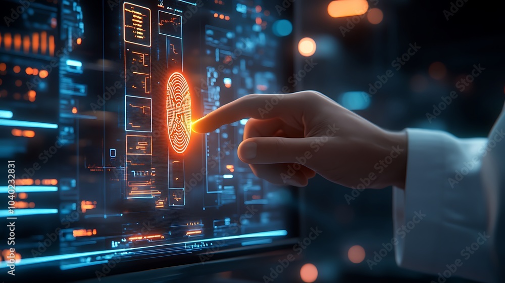 A doctor using a fingerprint scanner to access digital medical records, glowing biometric interface with patient data displayed on a holographic screen, futuristic medical setting, A doctor using a fingerprint scanner to access digital medical records, glowing biometric interface with patient data displayed on a holographic screen, futuristic medical setting,