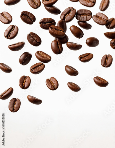 Coffee beans falling in the air isolated on a white background. Coffee beans flying.