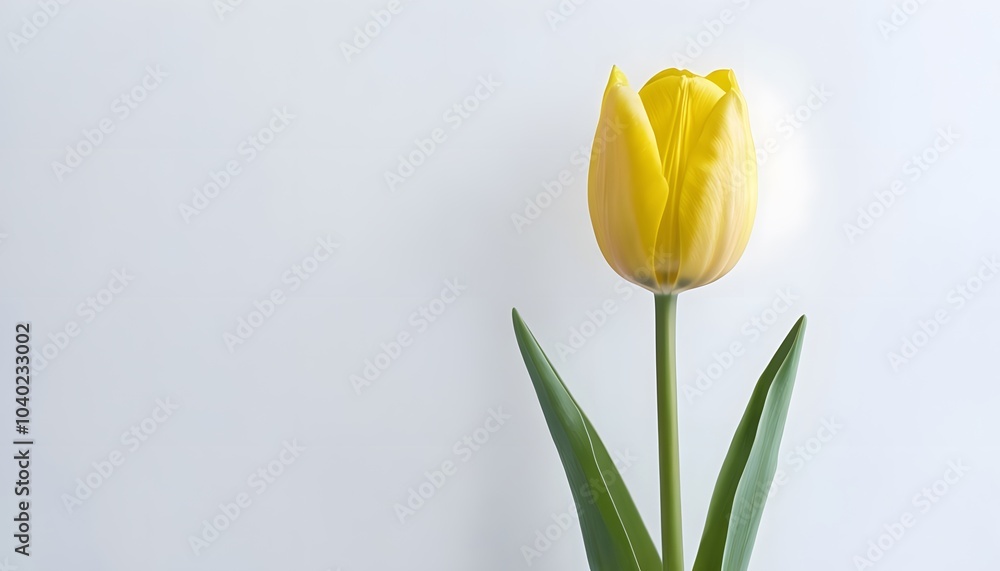 Lone Yellow Tulip with Extended Green Stem on White Background Lone Yellow Tulip with Extended Green Stem on White Background