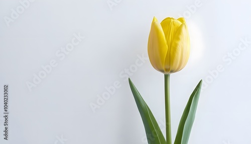 Lone Yellow Tulip with Extended Green Stem on White Background