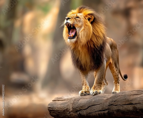 A majestic lion roaring atop a log, showcasing its powerful presence in a natural setting.
