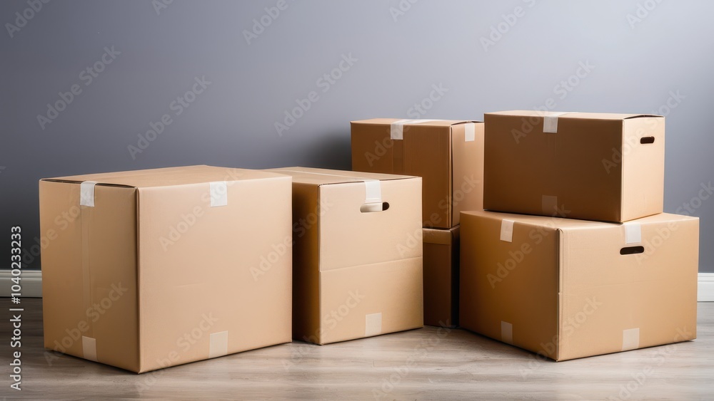 A group of stacked cardboard boxes with one standout red box on top, placed on a wooden floor against a plain white wall, organized and ready.