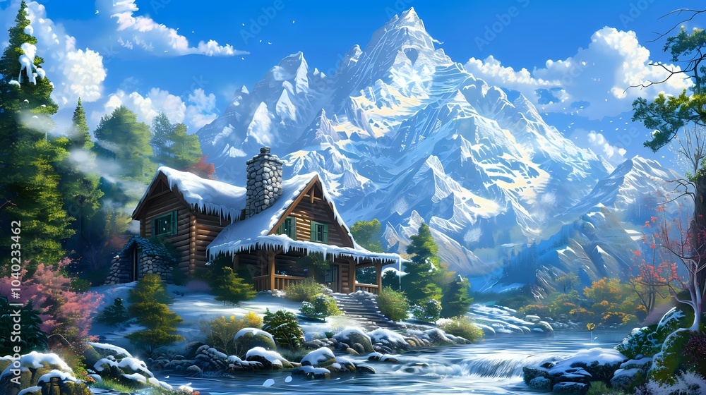 Fototapeta premium A serene winter landscape featuring a cozy cabin near a river and majestic snowy mountains.