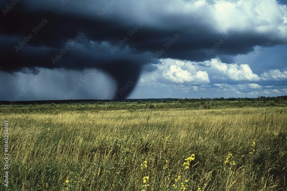 A dramatic tornado funnel approaches across an open field under a dark ...