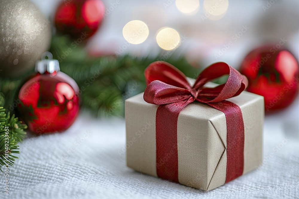 A small present with a ribbon placed in a festive environment A small present with a ribbon placed in a festive environment