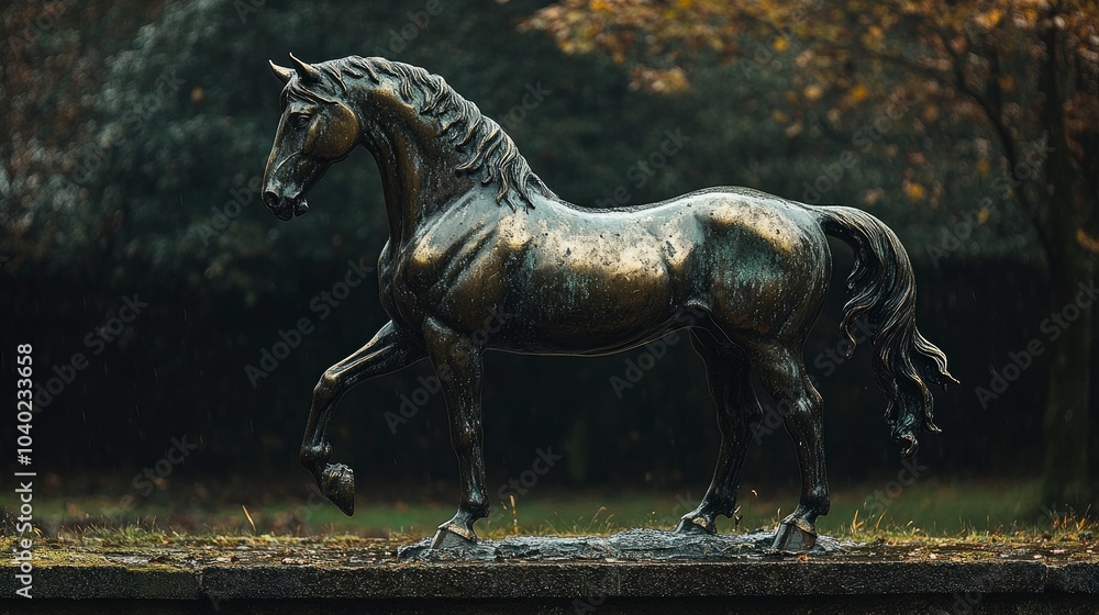 Fototapeta premium Majestic bronze horse statue in a serene outdoor setting
