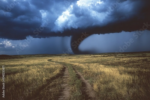 A swirling tornado moves over a rural dirt road beneath a moody, storm-filled sky, illustrating nature's unpredictability and raw, untamed power captured beautifully. photo