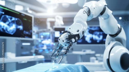 A robot performing complex surgery in a futuristic operating theater with holographic displays, clean and advanced environment, Surgical-tech style