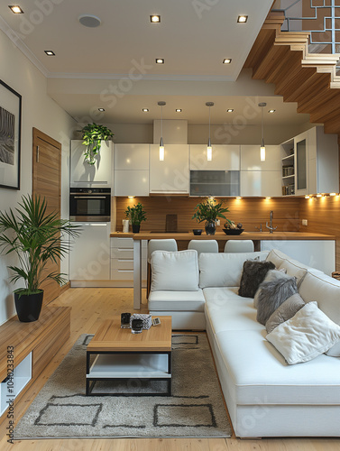 Stylish duplex apartment with an open-plan kitchen, wooden staircase, and cozy living room with modern lighting.