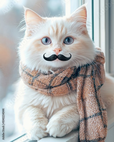 A fluffy white cat with blue eyes wears a stylish scarf and a humorous mustache sitting by a window with a cozy atmosphere