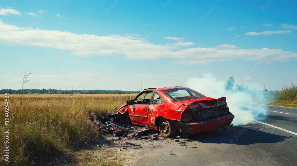 Red wrecked car with smoke in nature's quiet setting. Red wrecked car with smoke in nature's quiet setting.