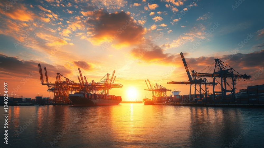 Fototapeta premium A contemporary harbor with a backdrop of a rising sun, cranes unloading containers, symbolizing a new day for global commerce