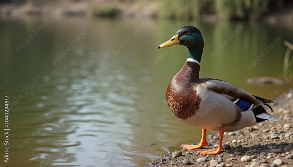 Peaceful pondside moment with a charming mallard duck Peaceful pondside moment with a charming mallard duck