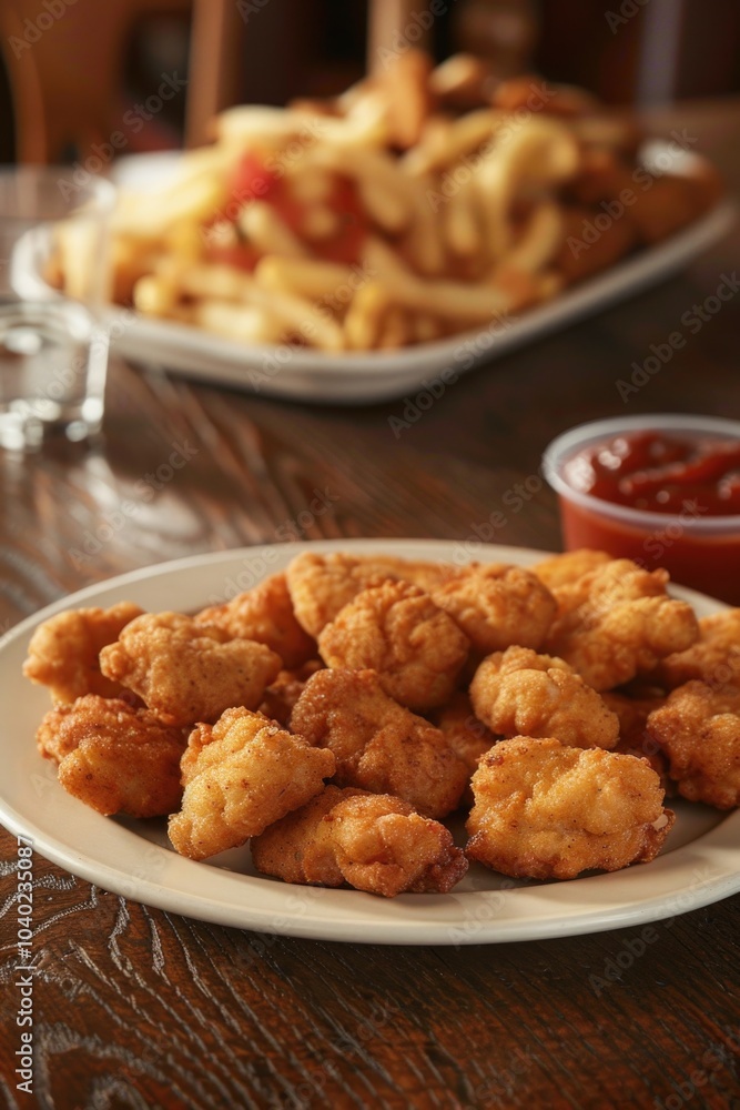 A plate of juicy chicken nuggets served with ketchup A plate of juicy chicken nuggets served with ketchup