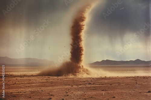 A majestic dust storm rises unchallenged from the desert floor, symbolizing nature's unstoppable forces and the raw, untamed beauty of barren lands and vast horizons. photo