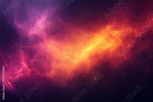 A swirling nebula in shades of pink, red, and orange, fills the cosmos with vibrant colors.