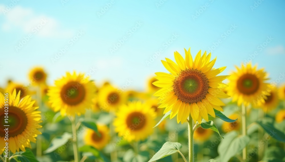 Fototapeta premium Bright and cheerful sunflower field under a clear blue sky
