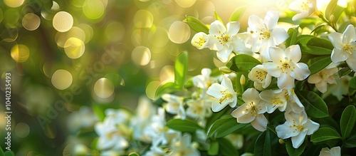 Blooming jasmine bush in a sunny spring garden with many flowers on branches The Jasmine Philadelphus lewisii is captured with selective focus close up on a blurred green background in this nature ph